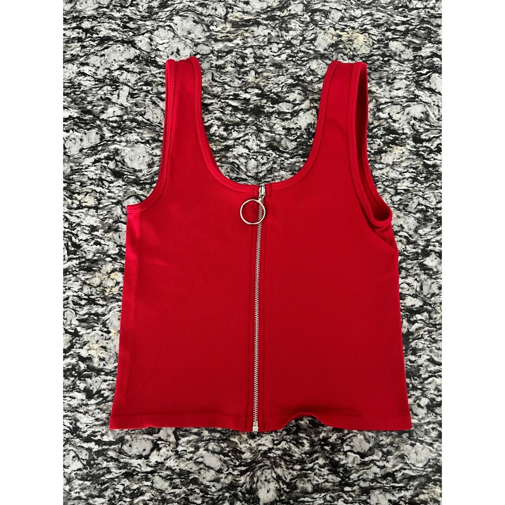 Bella Seamless Red Ribbed Zip Front O-Ring Tank Top Crop Top Medium Large 6861